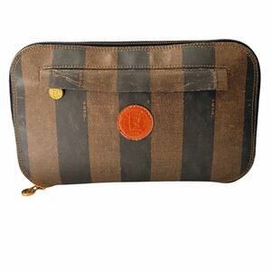 Fendi Vintage Pequin Stripe Convertible Clutch-to-Tote Bag – Brown/Black